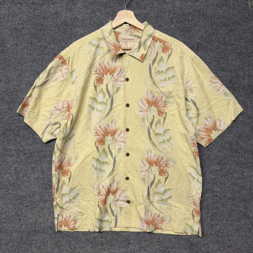 Tommy Bahama Silk Hawaiian Shirt Mens L Yellow Floral Button Up Beach Casual